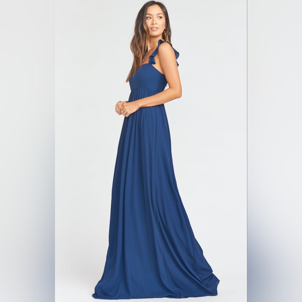 Show Me Your Mumu NWT June Maxi Dress Rich Navy Crisp Smocked Back Ruffle Large